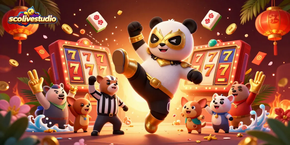 Socolivestudio showcases a vibrant 3D scene of animated panda wrestling amid slot machines, optimizing player excitement.