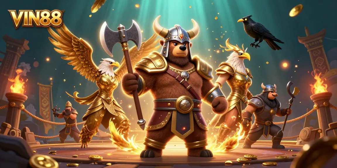 VIN88 brings excitement to players with a vibrant 3D casino-themed illustration featuring Viking characters and dynamic game elements.