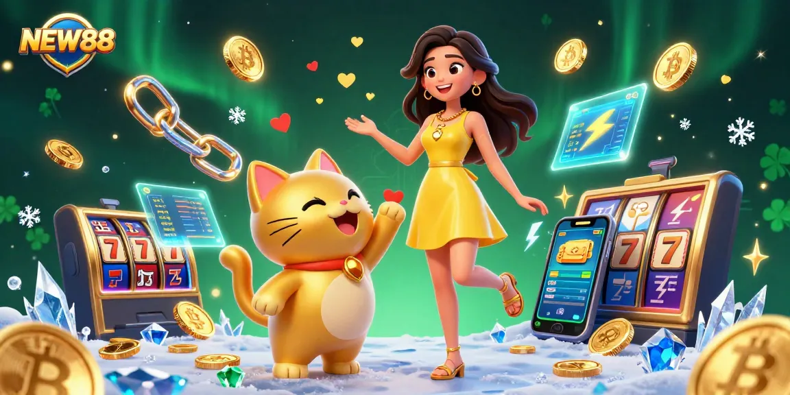 Experience thrilling online gaming with NEW88, featuring vibrant characters and exciting slots elements.