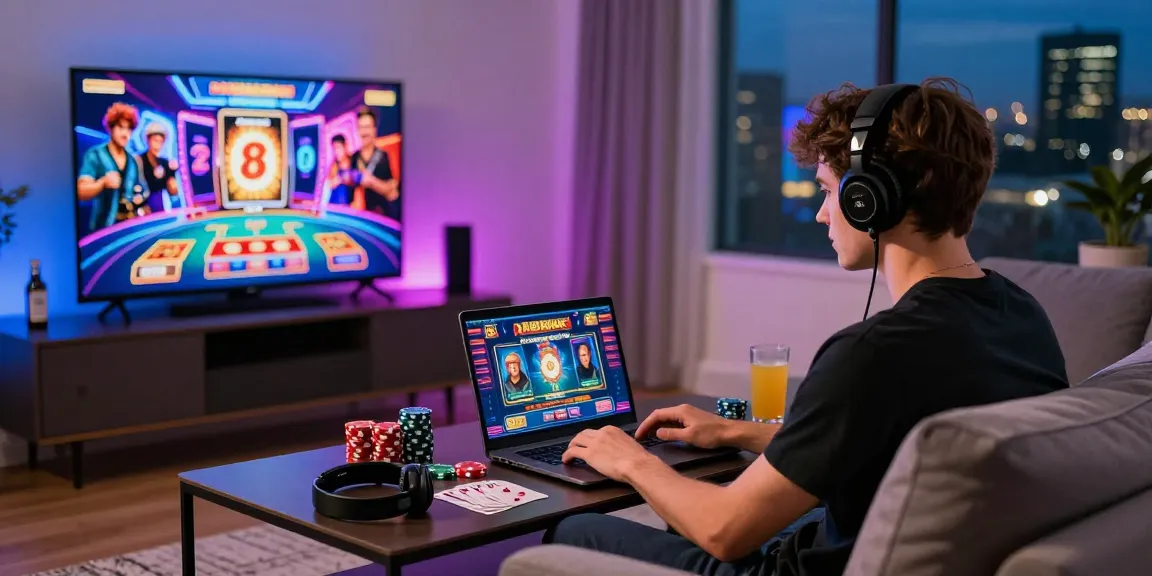 Engaging home gaming scene featuring online casinos Australia with poker chips, cozy atmosphere, and vibrant gaming setup.