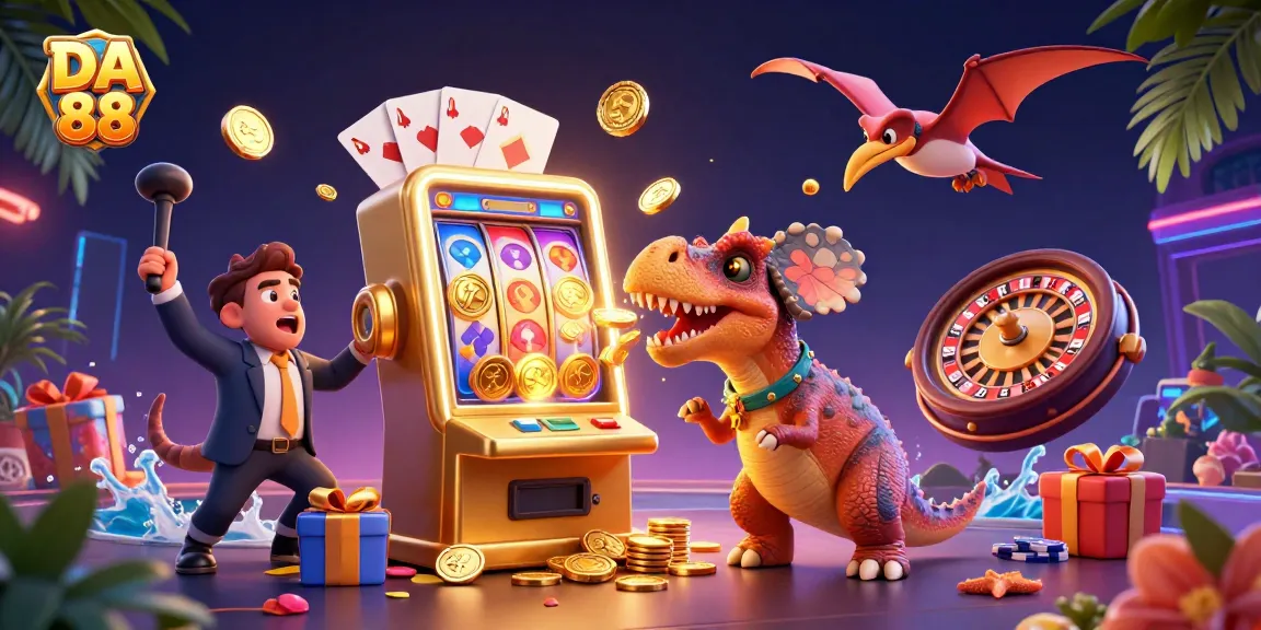 DA 88 jackpot scene featuring a dinosaur, slot machine, and flying coins for engaging gambling visuals