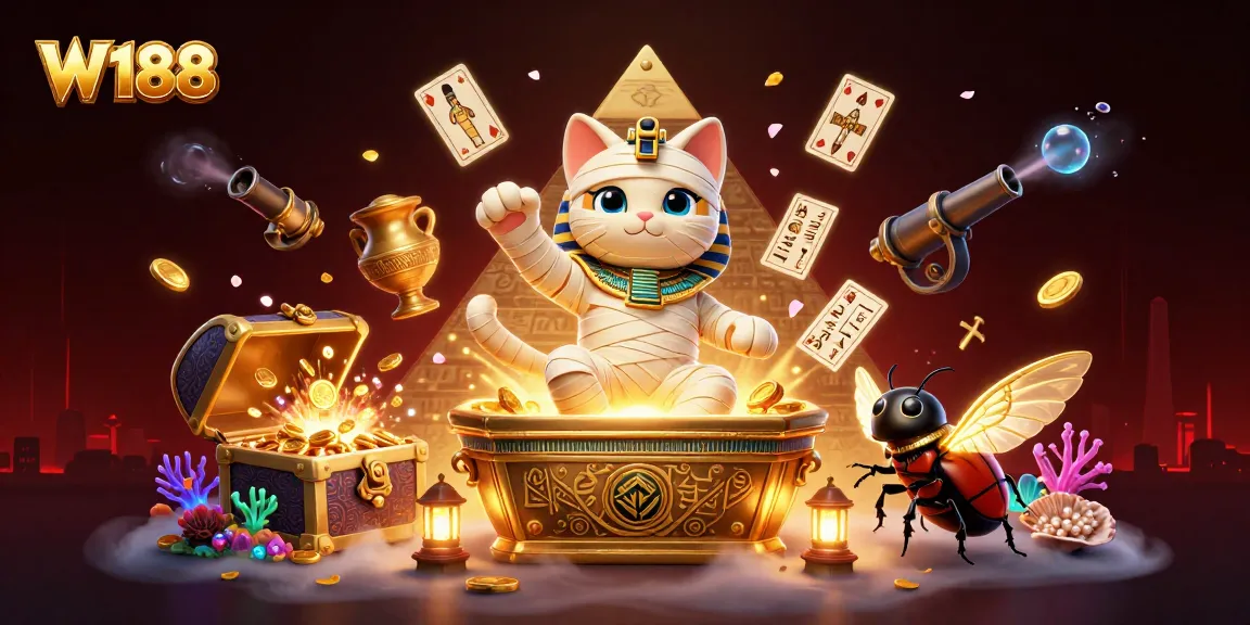 Play casino games at W188 with a dynamic mummy cat and glowing scarab beetle in a pyramid backdrop.