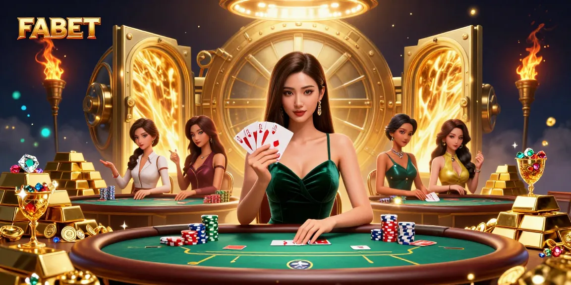 FABET poker scene showcasing a dedicated Asian woman holding cards at a luxury table, rich in gambling elements.