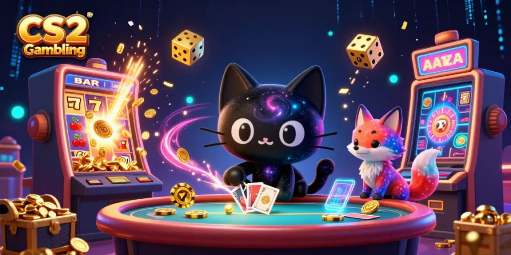 Engage in CS2 Gambling with a dynamic cosmic casino scene featuring a black hole cat and a nebula fox surrounded by vibrant slot machines.