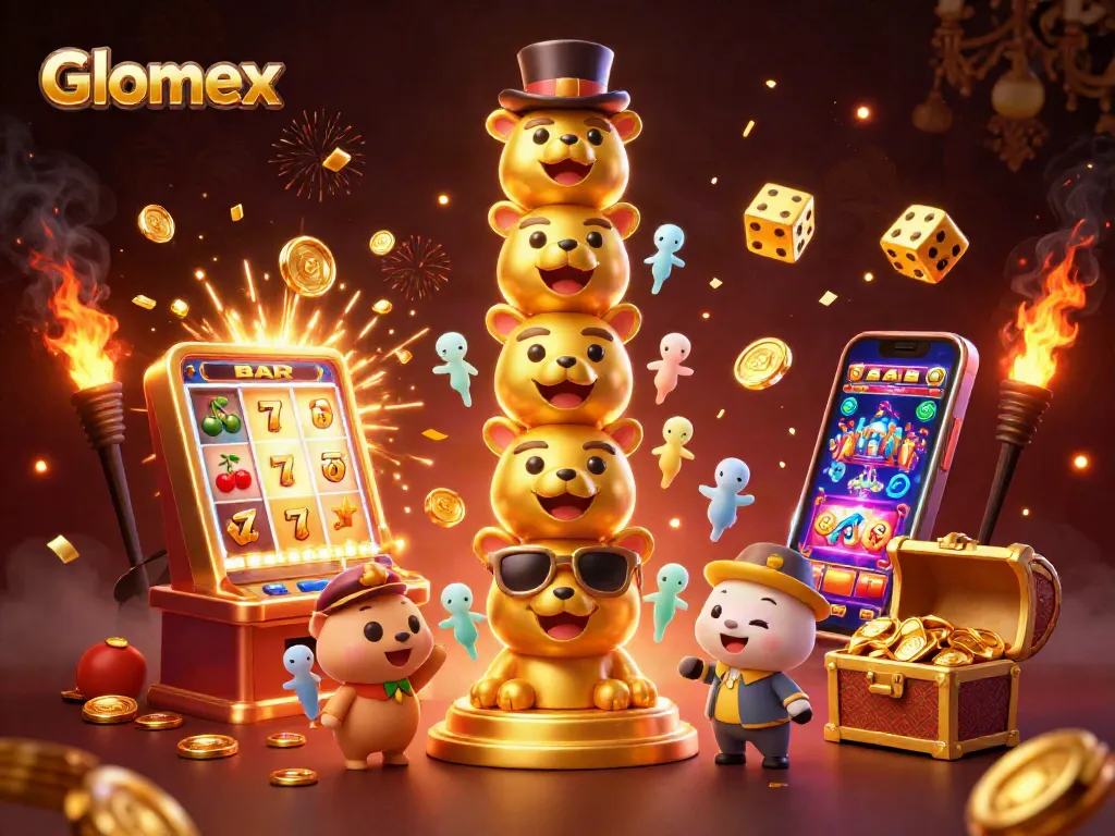 Spin and win with Glomex as golden totem and slot machine explode in colorful casino fun.