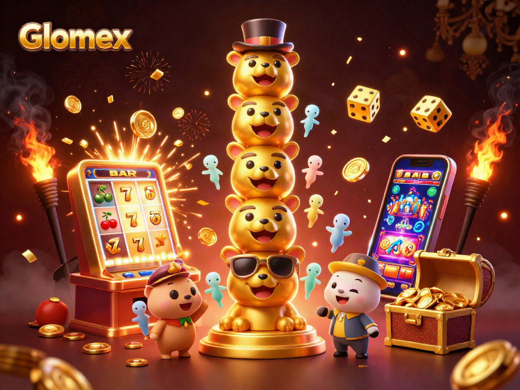 Spin and win with Glomex as golden totem and slot machine explode in colorful casino fun.