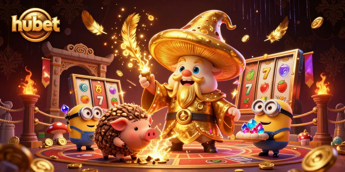 Experience hubet with an enchanting golden mushroom wizard and treasure hunting in this casino scene.