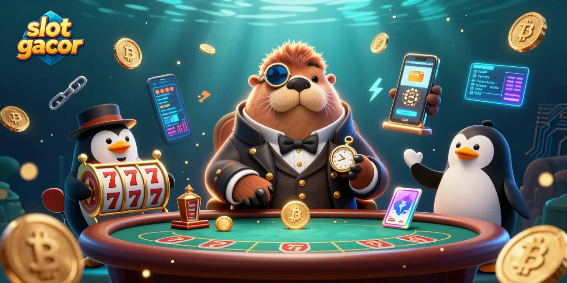 Mainkan slot gacor dengan walrus lucu dan dealer penguin di meja poker bawah laut dalam ilustrasi menarik.