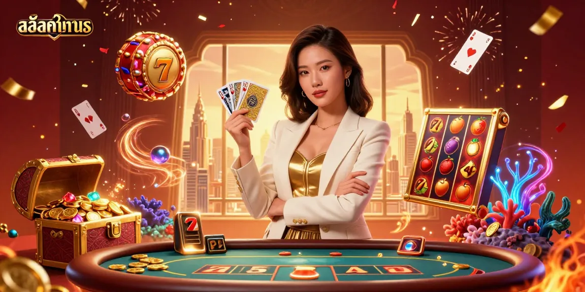 Experience the excitement of สล็อตทดลอง with an Asian businesswoman at a vibrant casino scene.