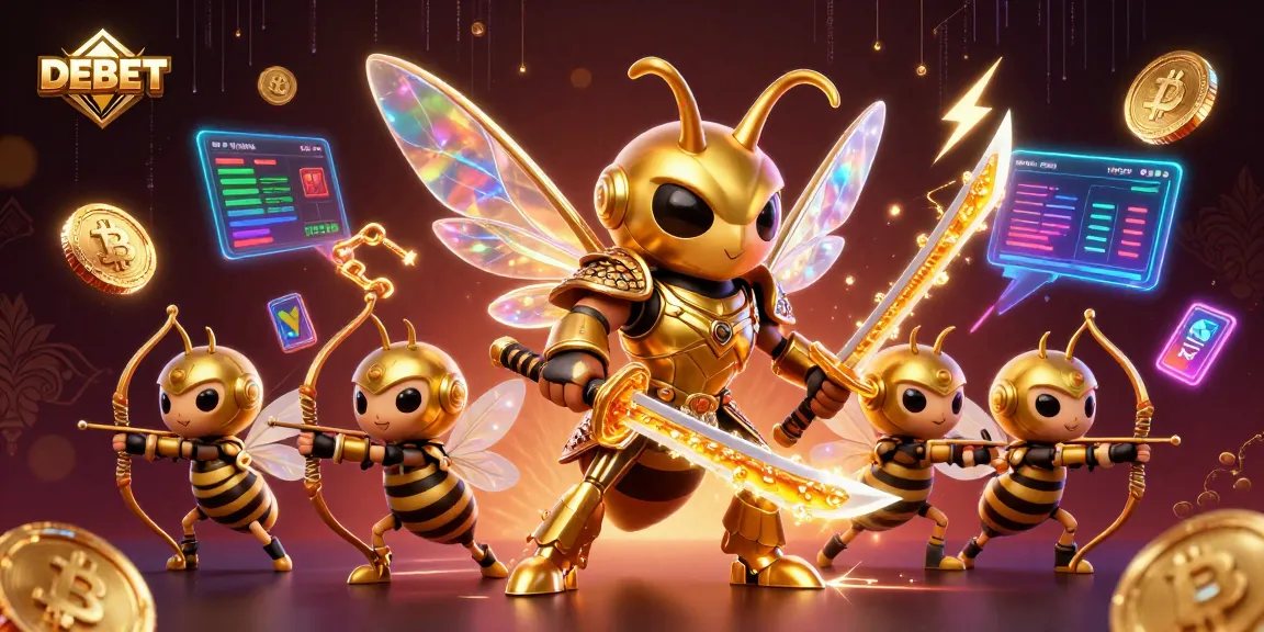 Experience DEBET's immersive gambling world with vibrant 3D cartoon illustration and crypto elements.