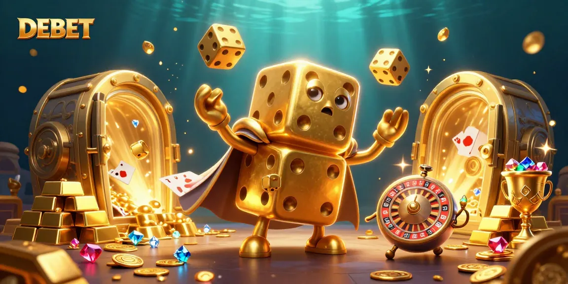 Join the DEBET dice golem as it juggles golden dice in a treasure-filled casino adventure.