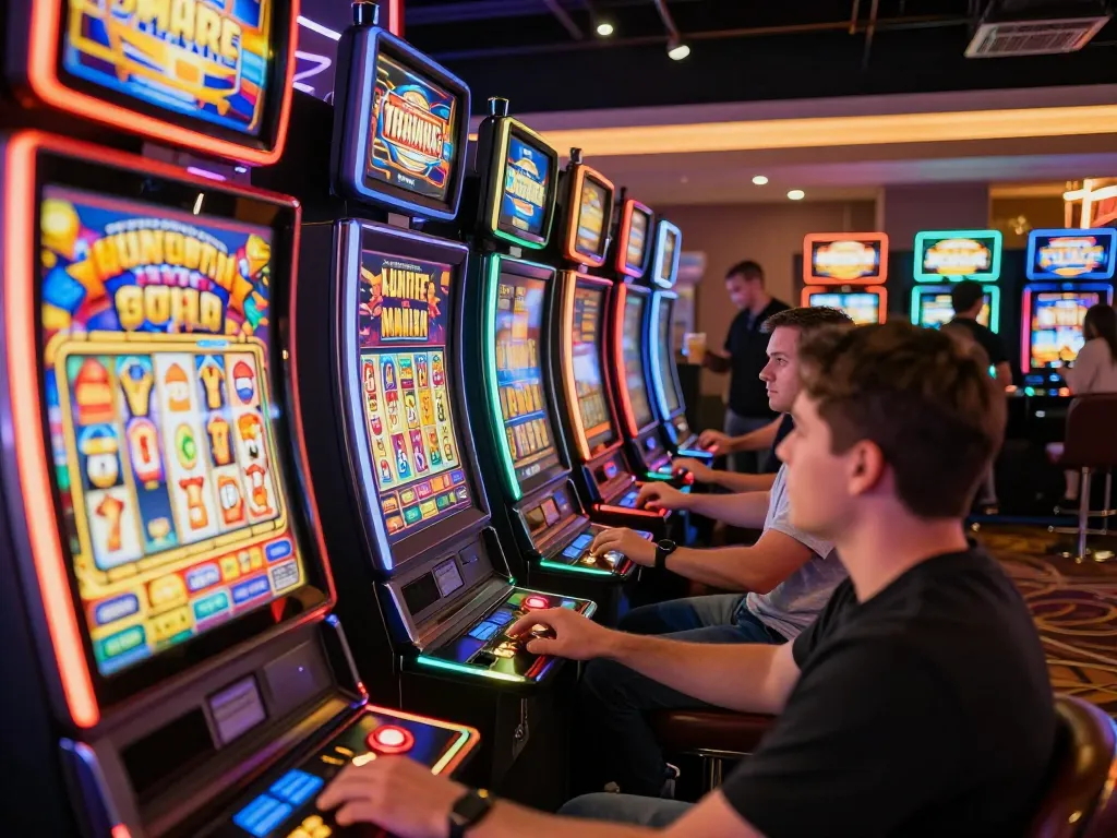 Players enjoying vibrant slot machines at Canadian online casinos, capturing excitement and thrill.