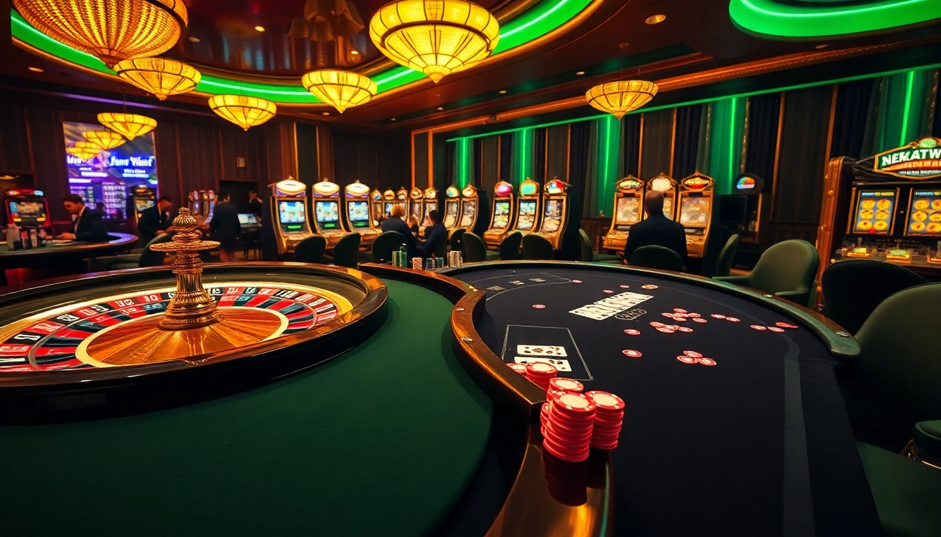 Experience the thrill of gambling at NEKATWIN with lively casino scenes featuring roulette, poker, and slot machines.
