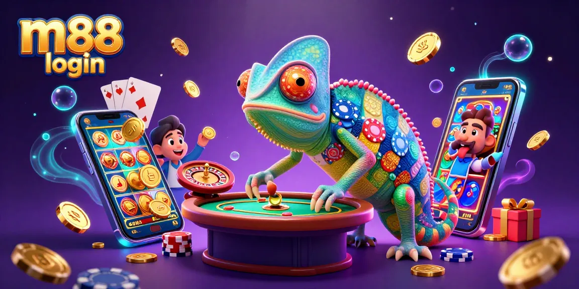 Engage in exciting gameplay on m88 login with a vibrant scene mixing slots, poker, and casino elements.
