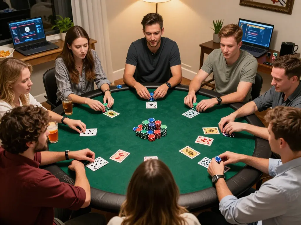 Teman-teman menikmati poker di rumah dengan aplikasi link mpo777 yang ditampilkan, menampilkan suasana judi yang hidup.