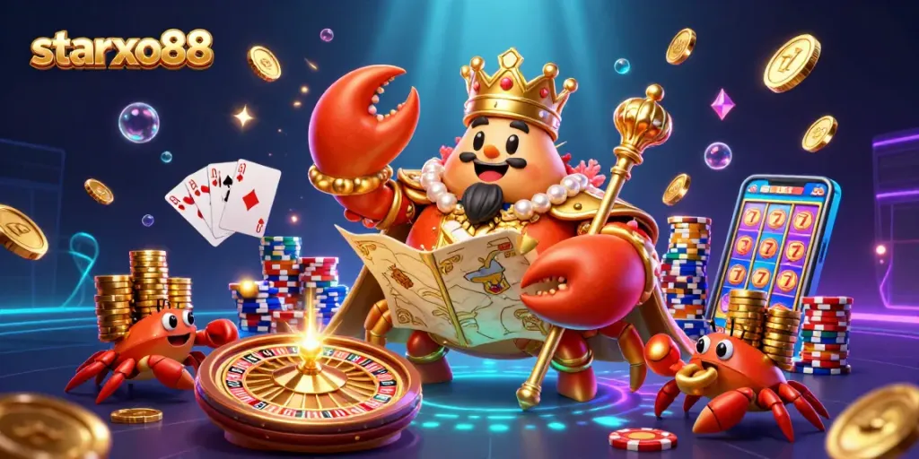 Experience the excitement of starxo88 with a golden crab emperor in a rich casino scene full of treasures.