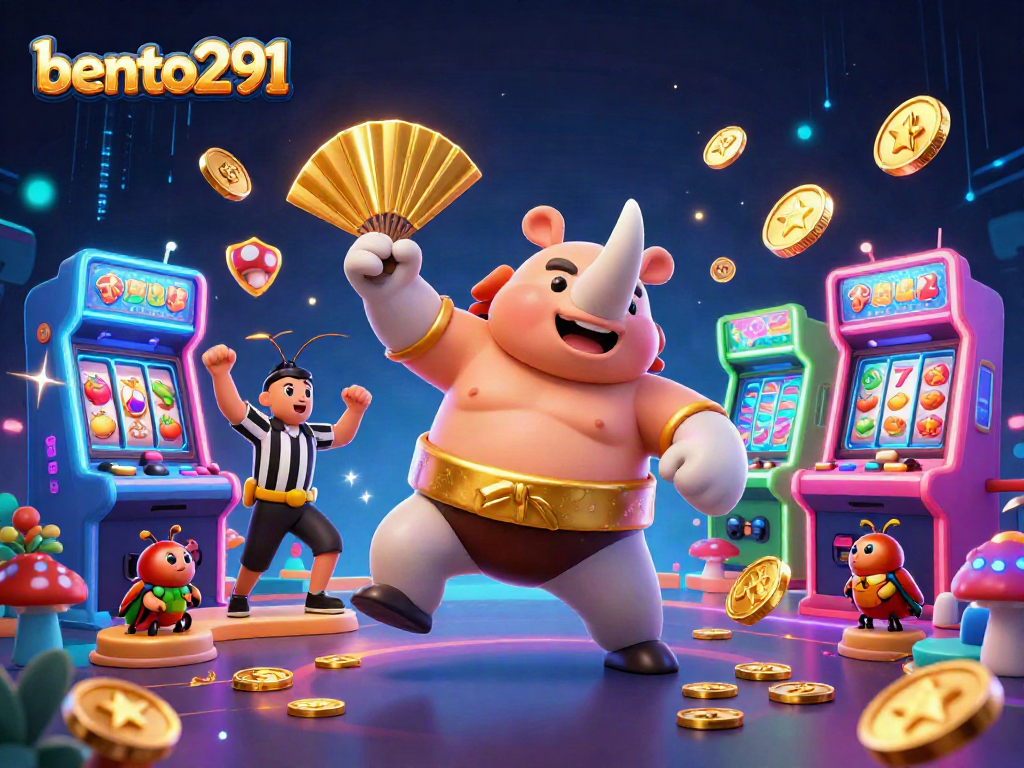 Bento291 gaming illustration featuring a rhinoceros beetle sumo champion amidst flying coins and slot reels.
