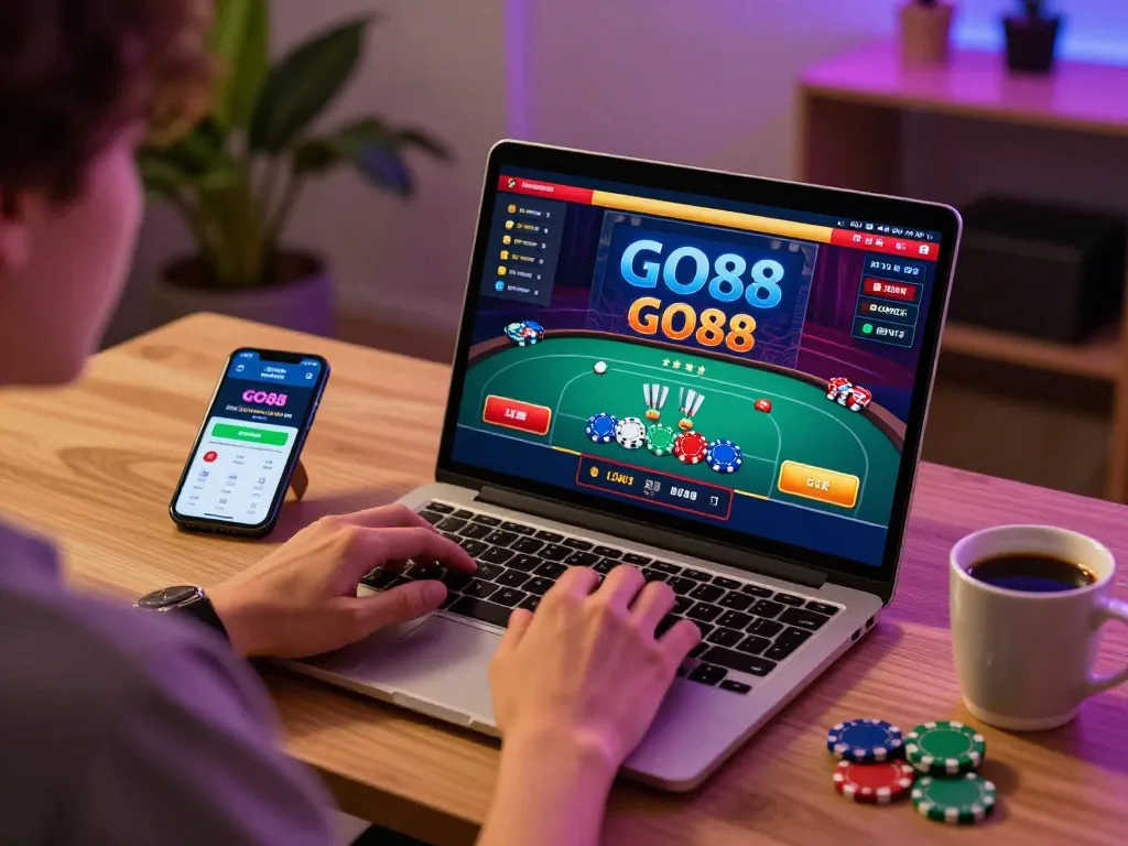 Engaging online gaming with GO88 poker action on laptop, showcasing responsible gambling.