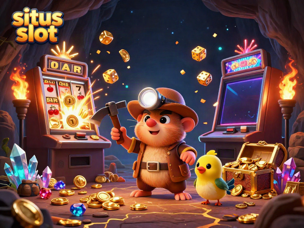 Slot gacor hari ini dengan karakter penambang berburu harta karun dalam suasana kasino yang kaya detail.