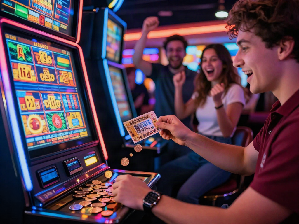 Excited player winning at a slot machine in a vibrant casino.