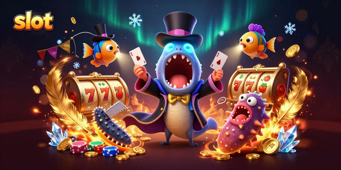 Play slot games with excitement and magic from a bioluminescent eel in a casino illustration.