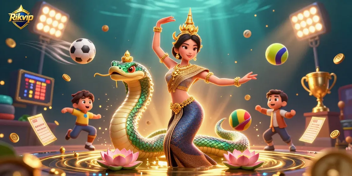 Bet on Rikvip with dynamic 3D illustration of a Thai dancer and Naga serpent amidst vibrant casino elements.