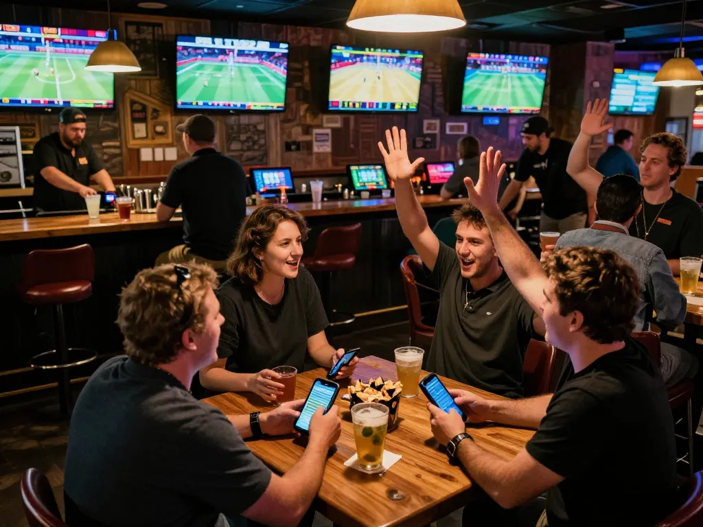 Exciting sports betting atmosphere where friends place bets using KUWIN app at lively bar