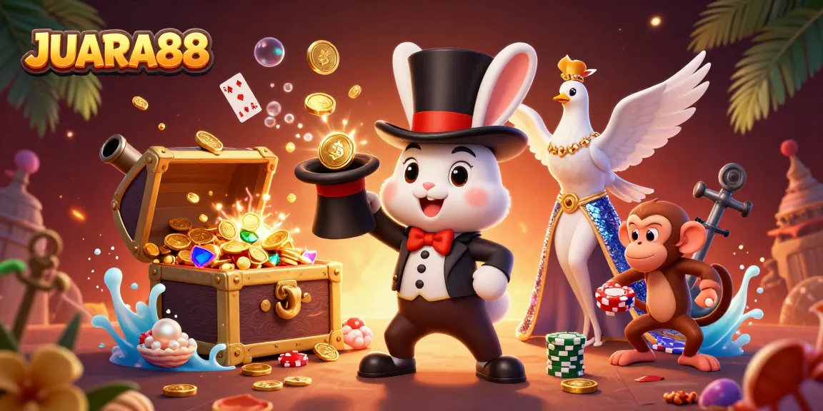 Experience the excitement of JUARA88 with a vibrant casino scene featuring a magical rabbit, shimmering coins, and dynamic game elements.