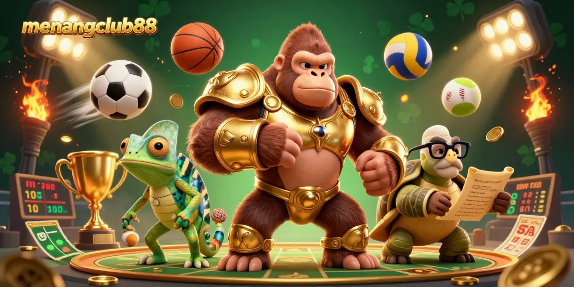 Experience thrilling betting adventures with menangclub88's dynamic casino scene featuring vibrant characters and sports elements.