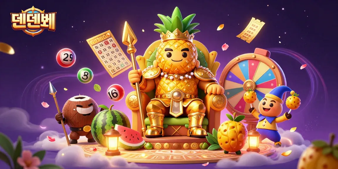 Engage with exciting games at 텐텐벳 while witnessing the golden pineapple king reign over vibrant lottery elements in a beach casino.