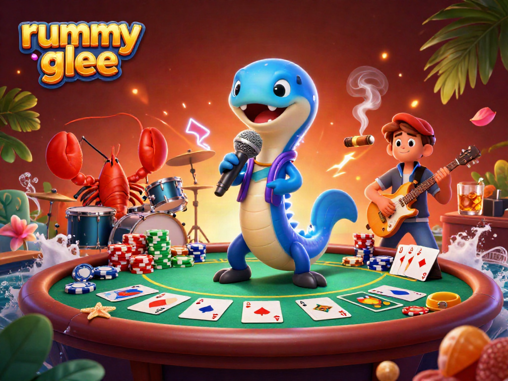 Gambarkan momen bermain rummy glee yang menarik dengan simbol permainan yang memukau.