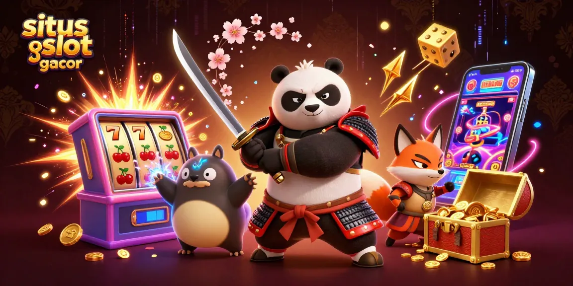 Mainkan situs slot gacor dengan karakter panda samurai dan rubah ninja di latar casino penuh warna.