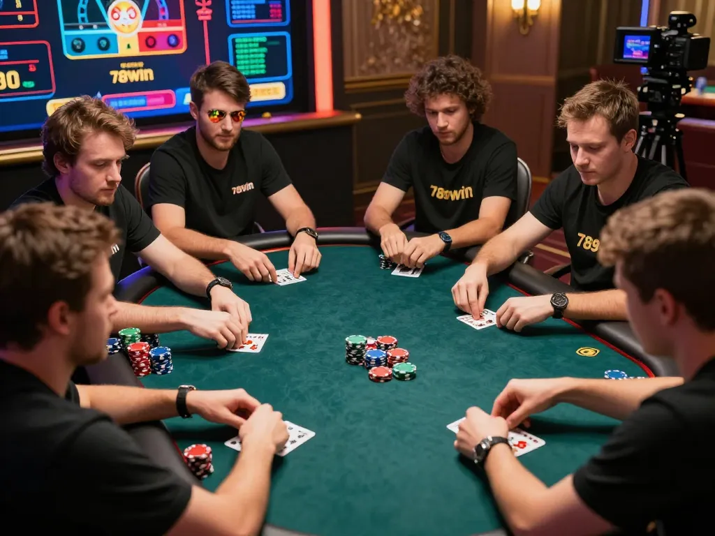 Players strategizing and placing bets at 789win online casino poker table in vibrant atmosphere.