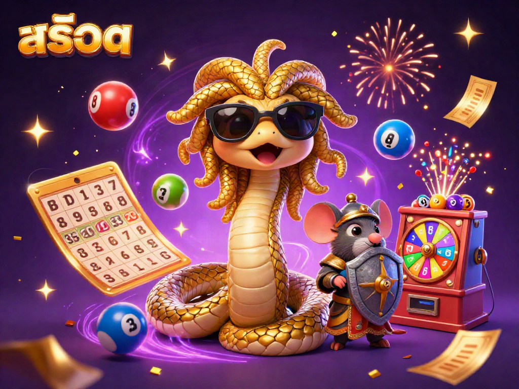 Engage with the exciting world of สล็อต as golden tickets and lottery balls bounce in a festive scene.