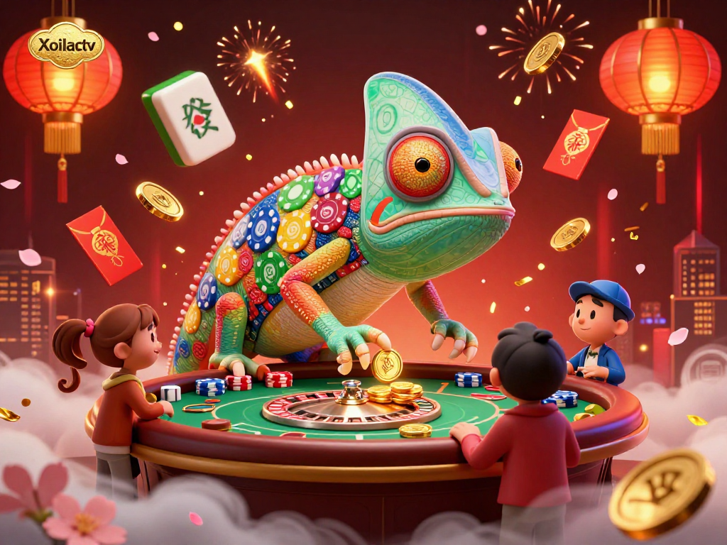 Xoilactv showcases a dynamic 3D chameleon casino owner amidst vibrant gambling elements like poker chips and mahjong tiles.