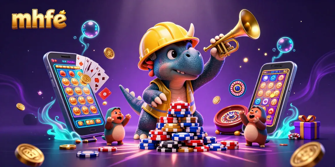 Join the excitement of mhfe with a triceratops building a poker chip pyramid in a vibrant casino world.