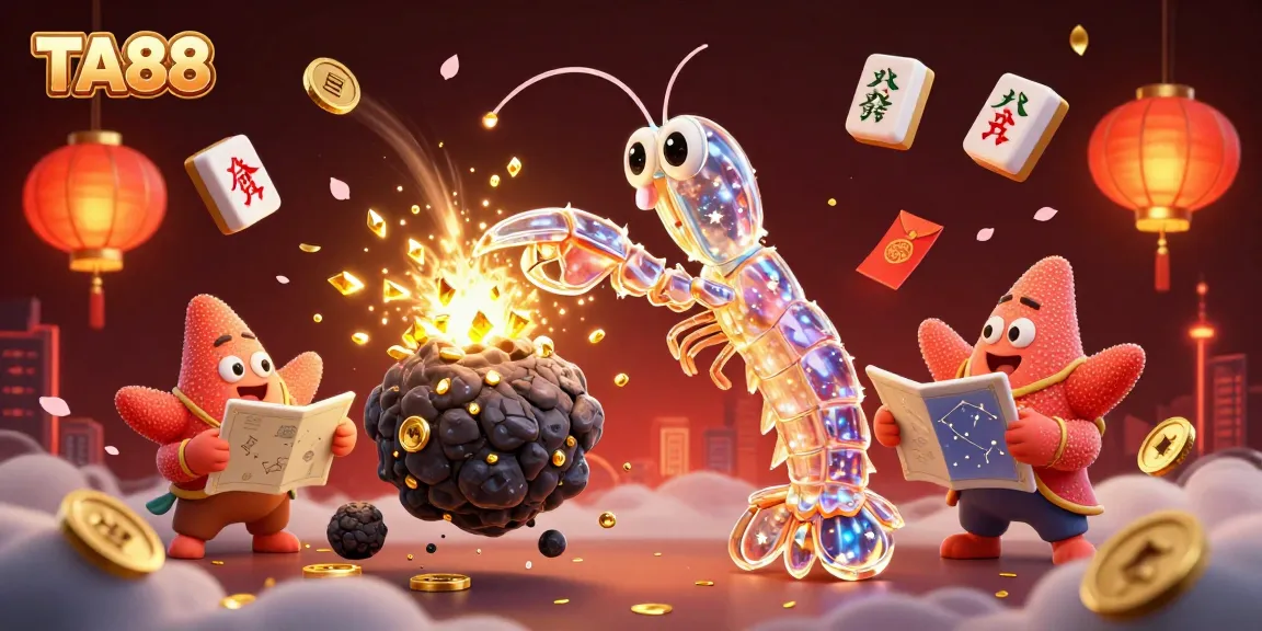 TA88 showcases a galactic samurai mantis shrimp amidst exploding gems and casino elements.