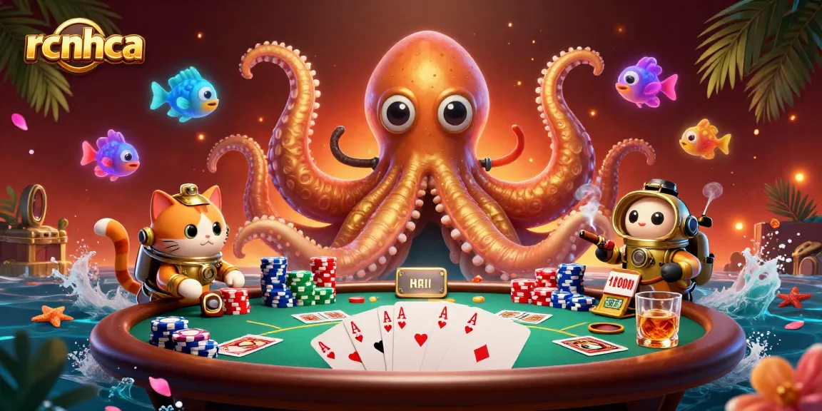 Join the excitement at rcnhca, featuring a playful diving cat and a colossal kraken at the casino table.