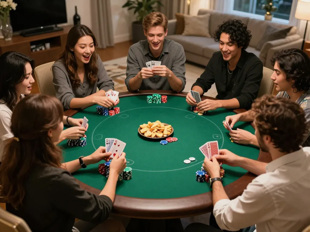 Poker night at home with players around the table using casinosscope strategies to win bets.