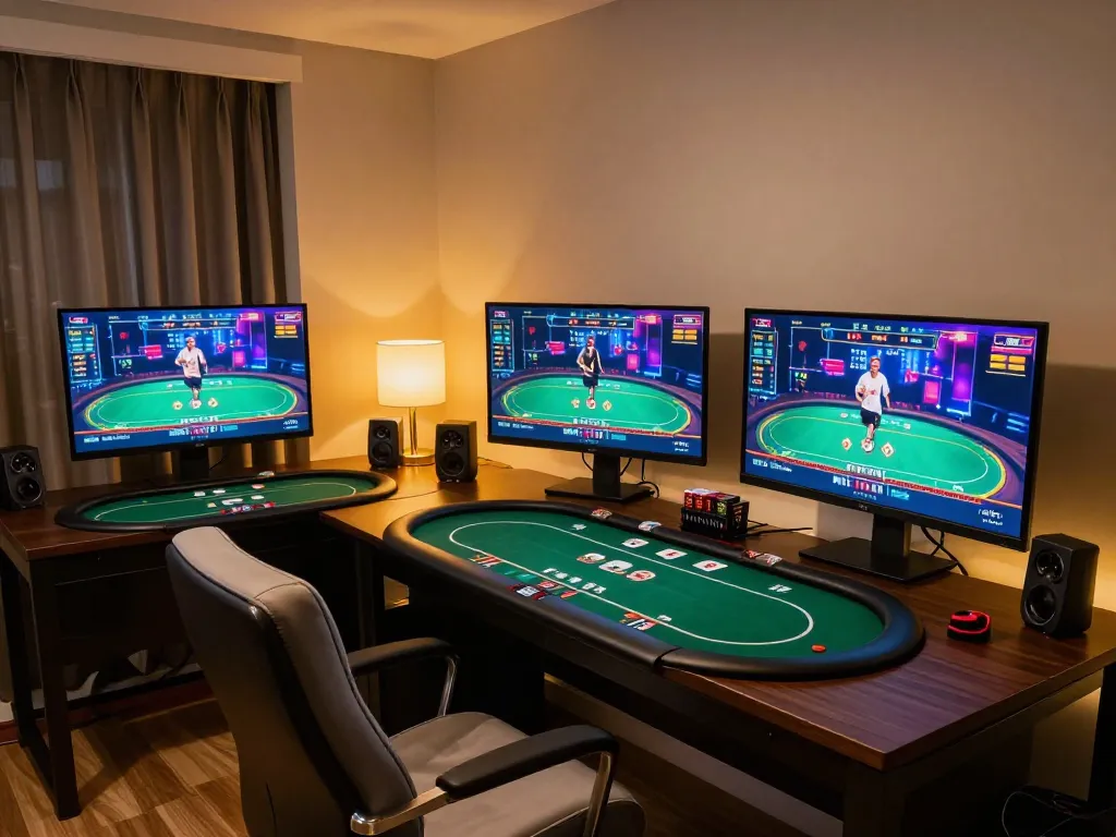 Hitclub engaging players in an exciting online poker game from home setup, featuring dynamic gameplay.