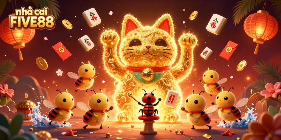 Join the excitement with nhà cái FIVE88 as golden fireflies illuminate a vibrant casino scene.