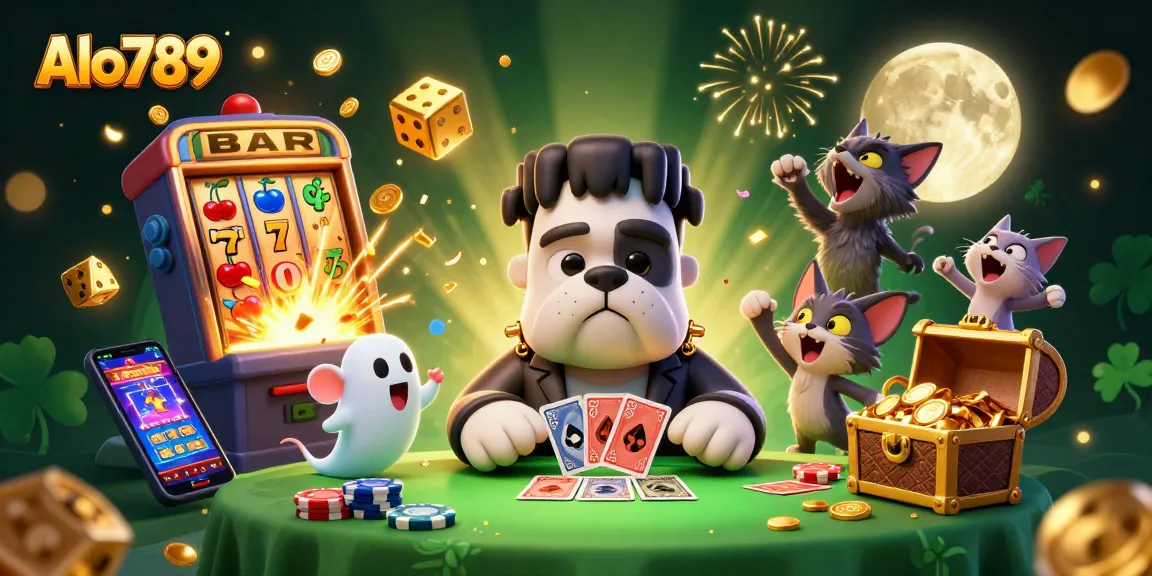 Alo789 showcases a vibrant scene with a bulldog monster dealing cards amidst a jackpot of coins and casino elements.