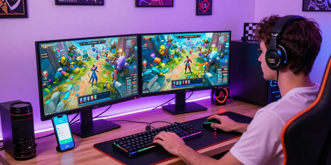 Online gaming setup with mahajitu app on a smartphone amidst vibrant gameplay visuals and gaming gear.