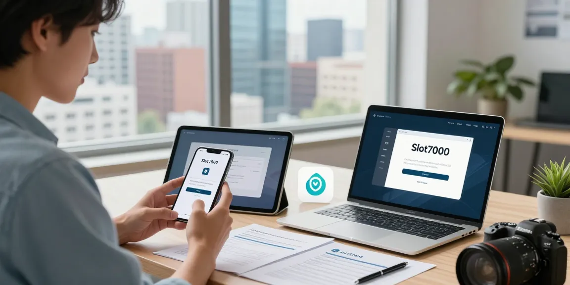 Effortlessly using slot7000 on smartphone and laptop in a bright digital workspace.