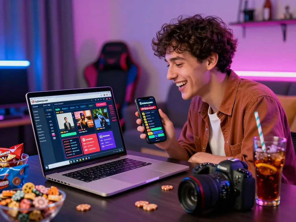 Pengalaman taruhan online yang menarik di platform Sydneycuan dengan seorang gamer yang ceria.