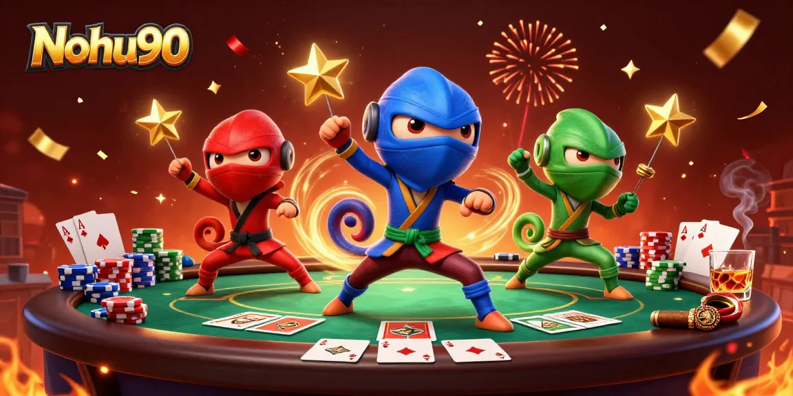 Nohu90 engages players with dynamic 3D chameleon ninjas amidst vibrant casino elements.