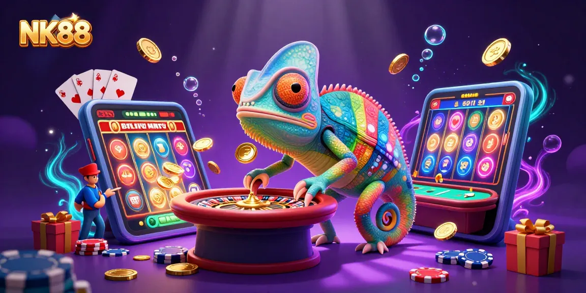 Experience excitement with NK88 as chameleon casino owner catches golden coins in vibrant gaming scene.