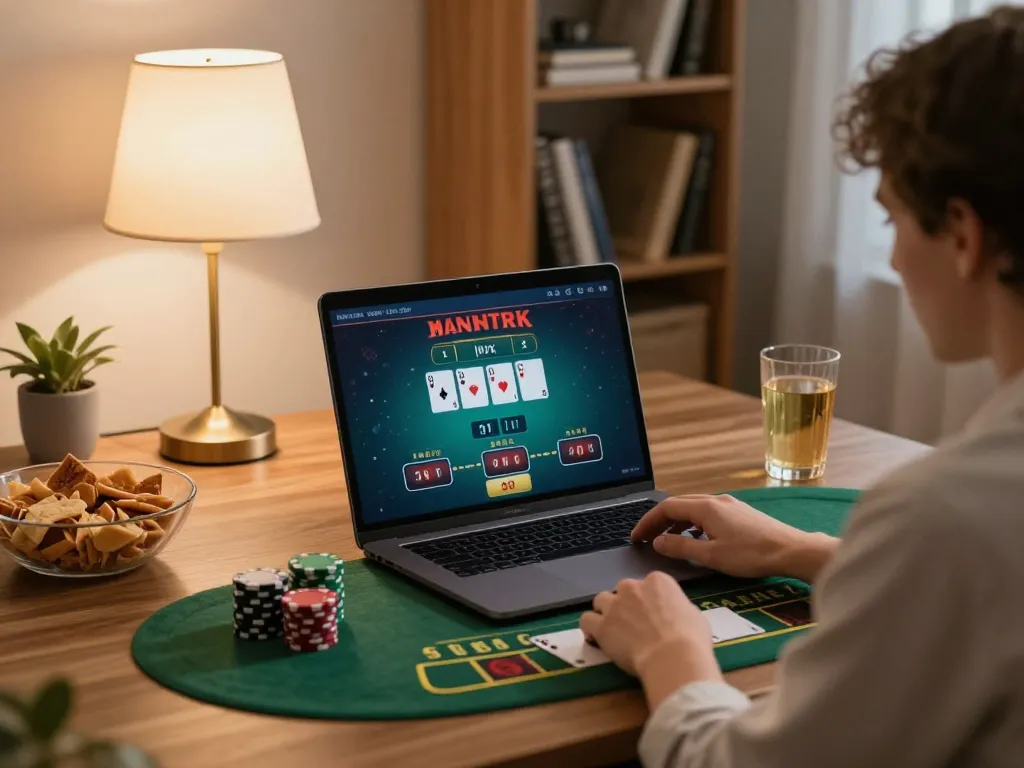 Enjoying online blackjack at nhà cái cm88 with laptop setup in cozy environment