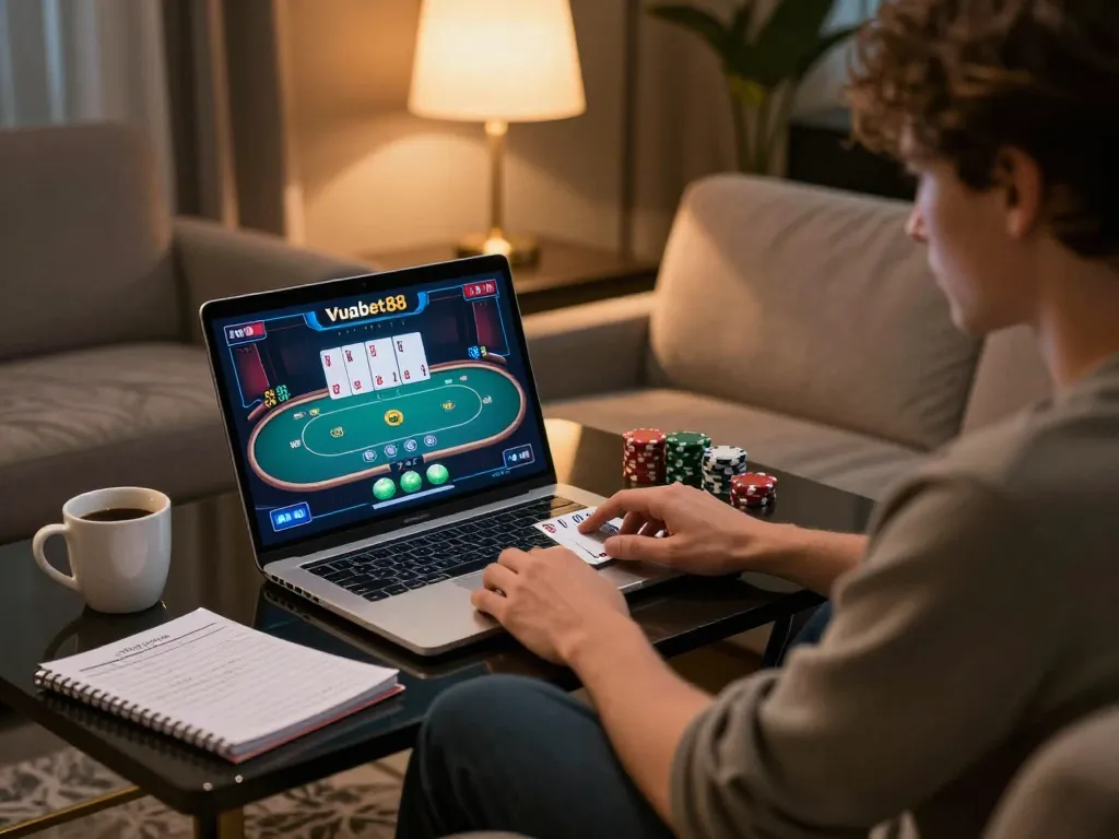 Engaging online poker gameplay at Vuabet88 with cozy home setting and strategic notes.