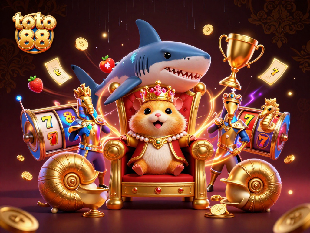 Engage in thrilling toto 88 gameplay with a golden hamster king and slot elements in a vibrant casino scene.
